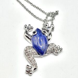 Lapis Lazuli Black and White Australian Crystal Frog Necklace 20in Stainless
